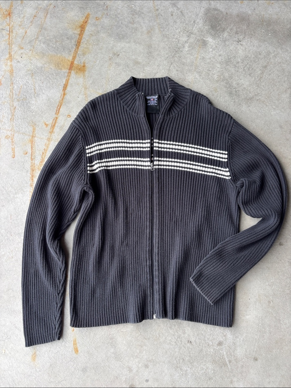 Ralph Lauren Vintage Y2K Polo Jeans Co. Black White Ribbed Zip-Up Men's Sweater